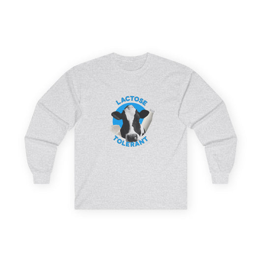 Lactose Tolerant t-shirt featuring cow illustration with milk bottle and cheese, funny dairy lover shirt for men and women.