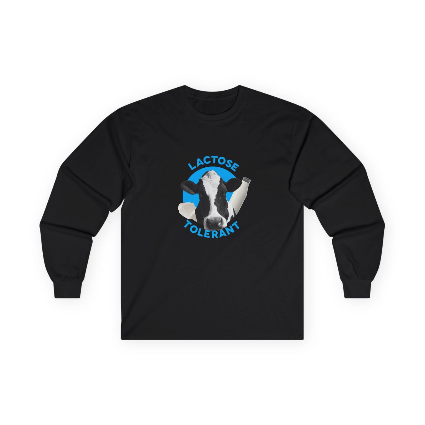 Lactose Tolerant t-shirt featuring cow illustration with milk bottle and cheese, funny dairy lover shirt for men and women.