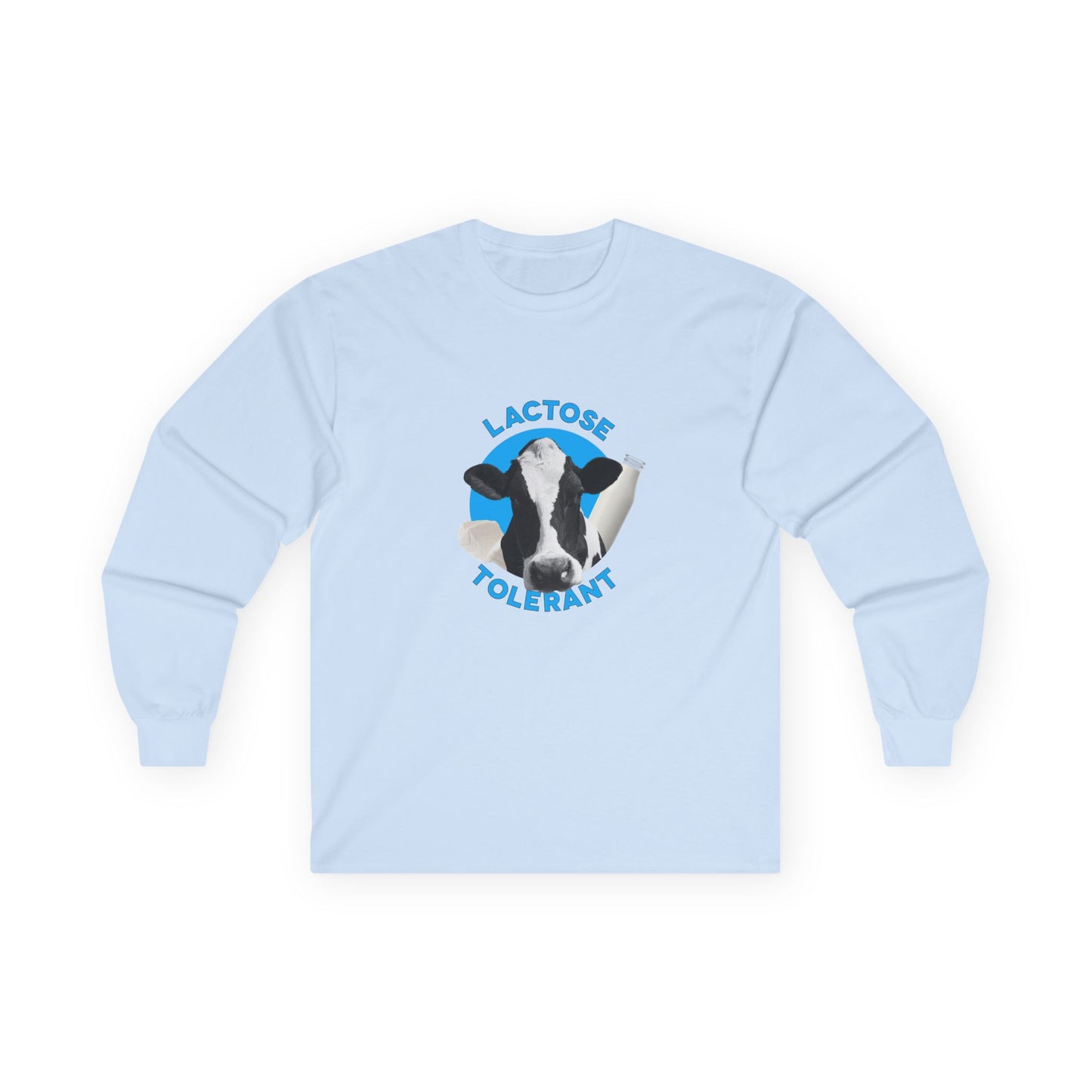 Lactose Tolerant t-shirt featuring cow illustration with milk bottle and cheese, funny dairy lover shirt for men and women.