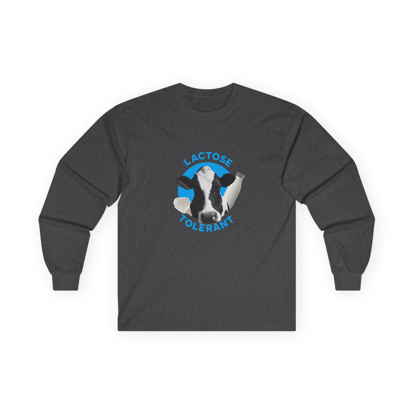Lactose Tolerant t-shirt featuring cow illustration with milk bottle and cheese, funny dairy lover shirt for men and women.