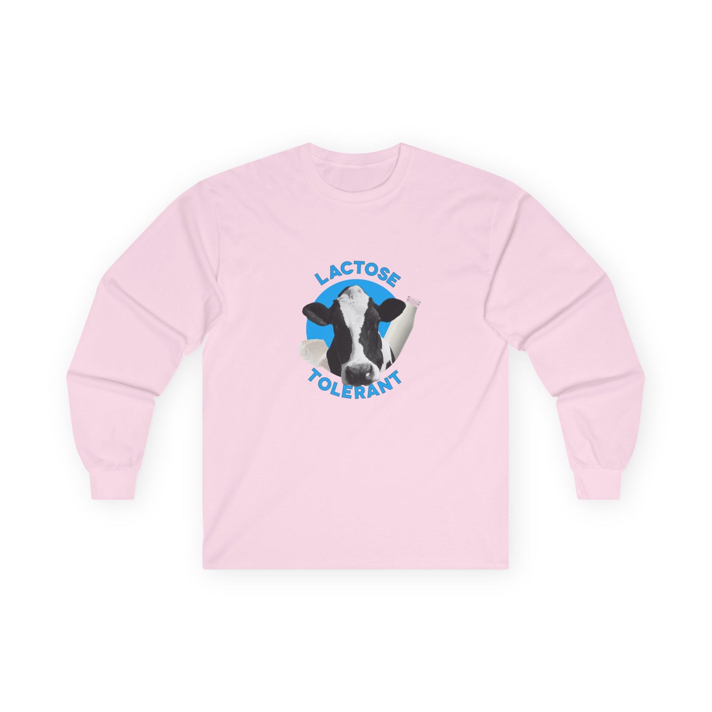 Lactose Tolerant t-shirt featuring cow illustration with milk bottle and cheese, funny dairy lover shirt for men and women.