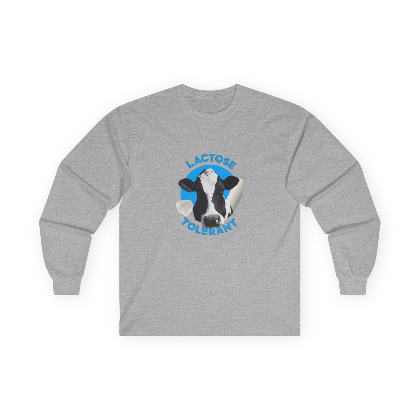 Lactose Tolerant t-shirt featuring cow illustration with milk bottle and cheese, funny dairy lover shirt for men and women.