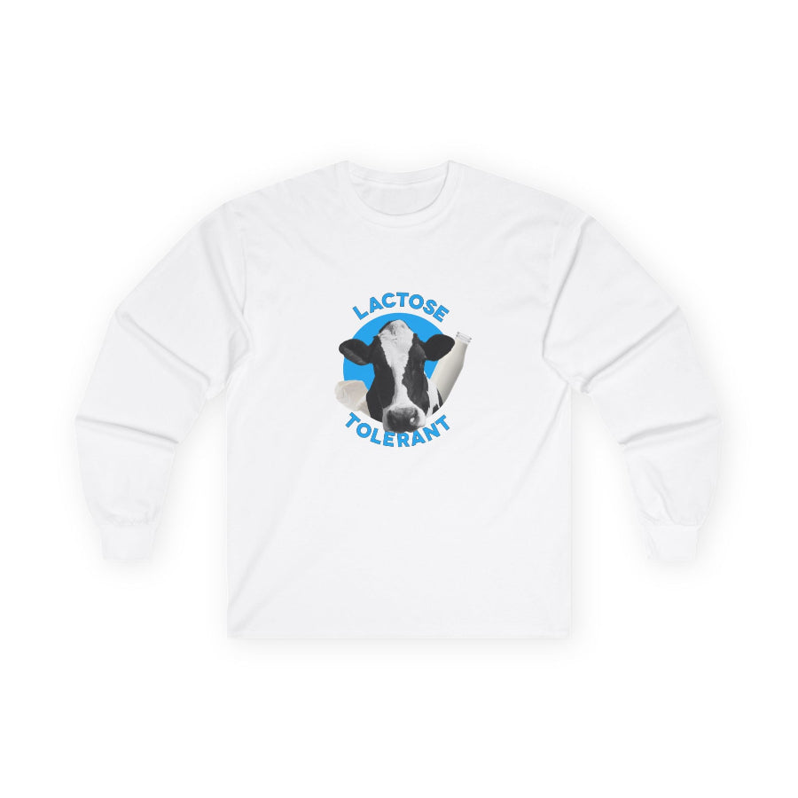 Lactose Tolerant t-shirt featuring cow illustration with milk bottle and cheese, funny dairy lover shirt for men and women.