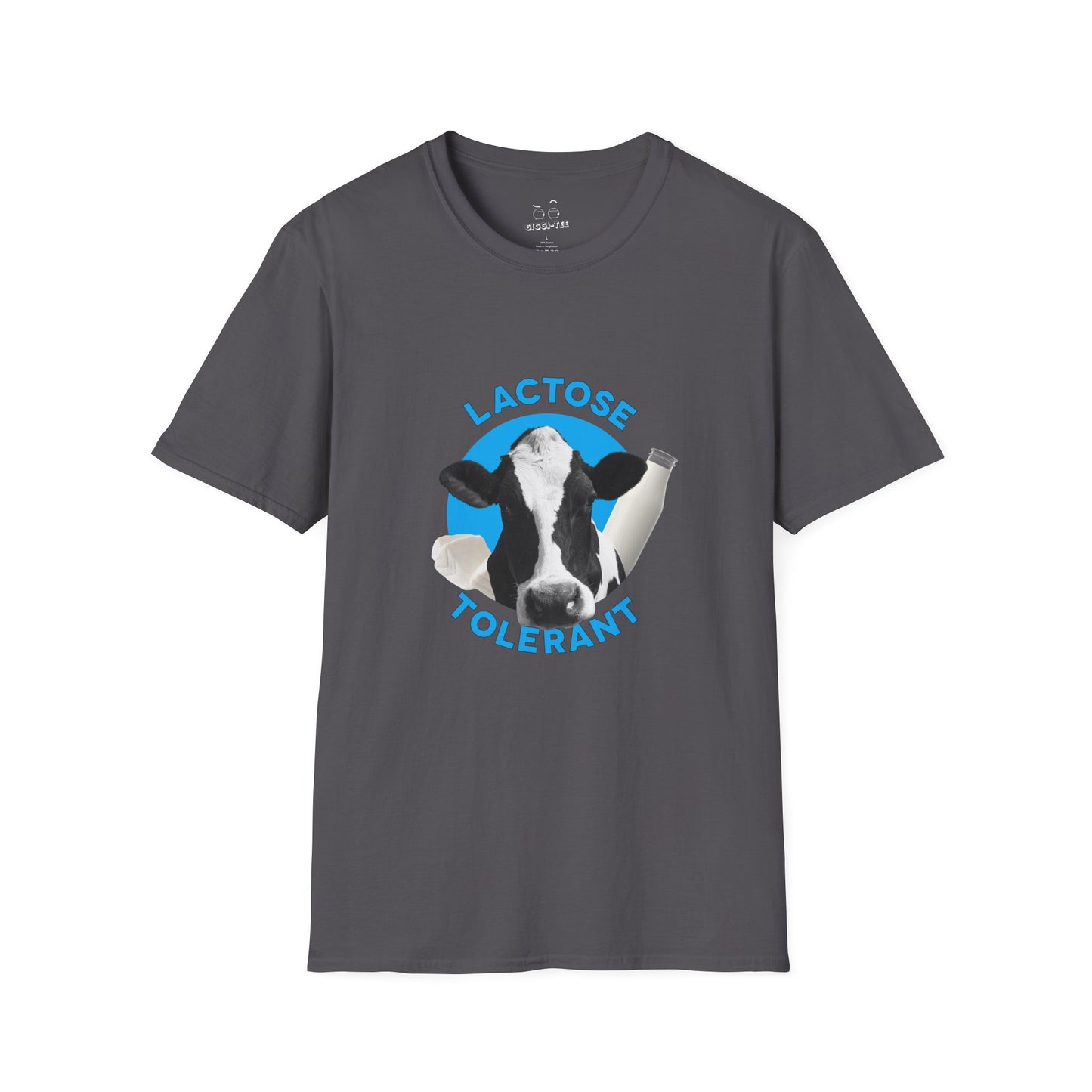 Lactose Tolerant t-shirt featuring cow illustration with milk bottle and cheese, funny dairy lover shirt for men and women.