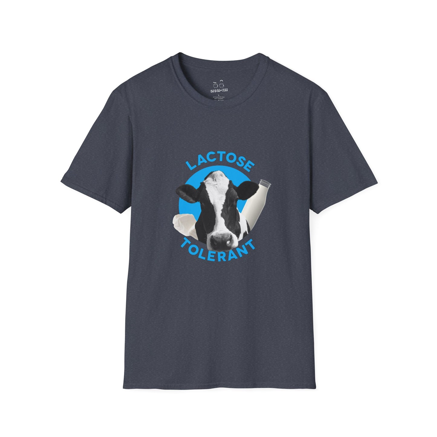 Lactose Tolerant t-shirt featuring cow illustration with milk bottle and cheese, funny dairy lover shirt for men and women.