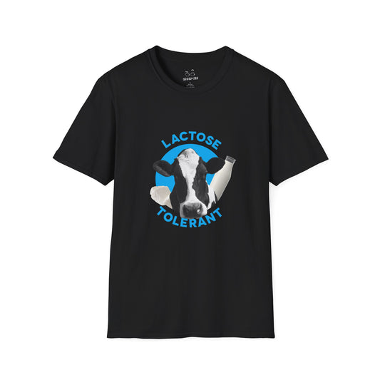 Lactose Tolerant t-shirt featuring cow illustration with milk bottle and cheese, funny dairy lover shirt for men and women.