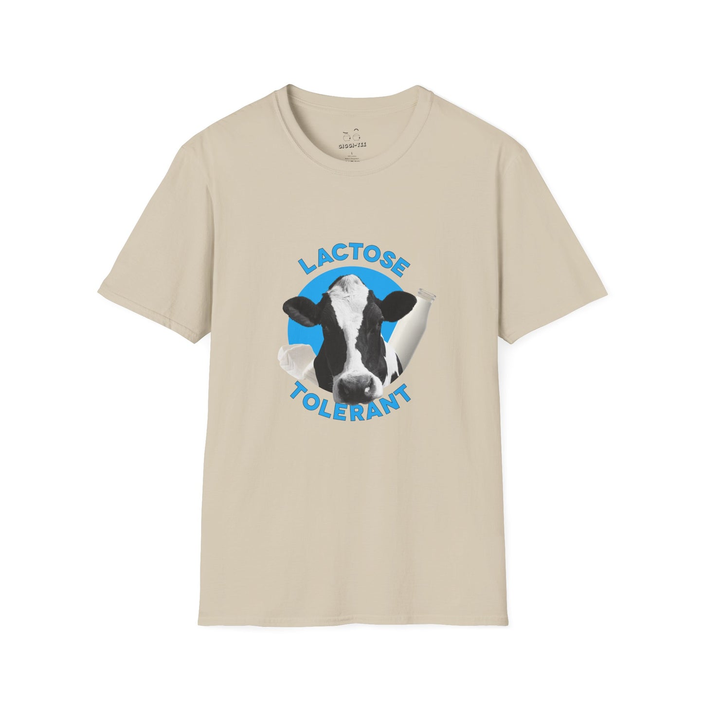 Lactose Tolerant t-shirt featuring cow illustration with milk bottle and cheese, funny dairy lover shirt for men and women.