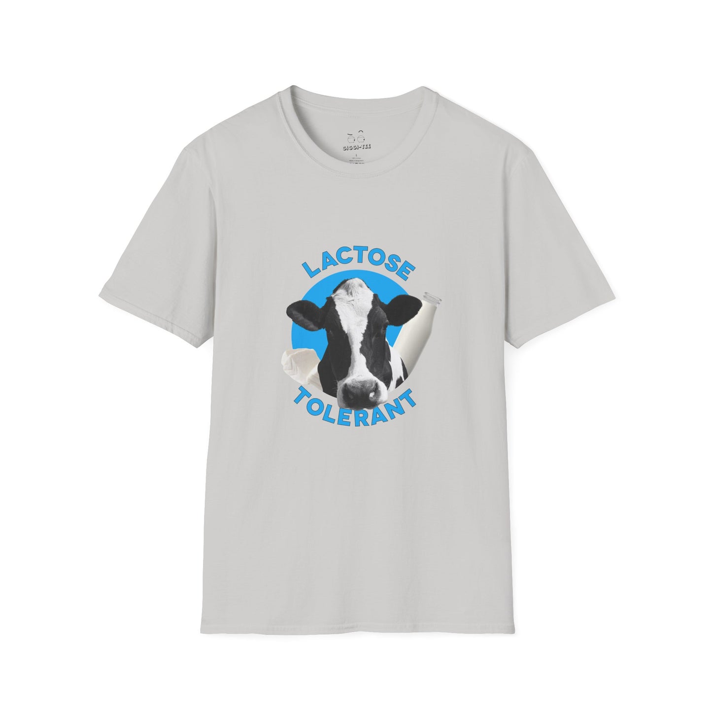 Lactose Tolerant t-shirt featuring cow illustration with milk bottle and cheese, funny dairy lover shirt for men and women.