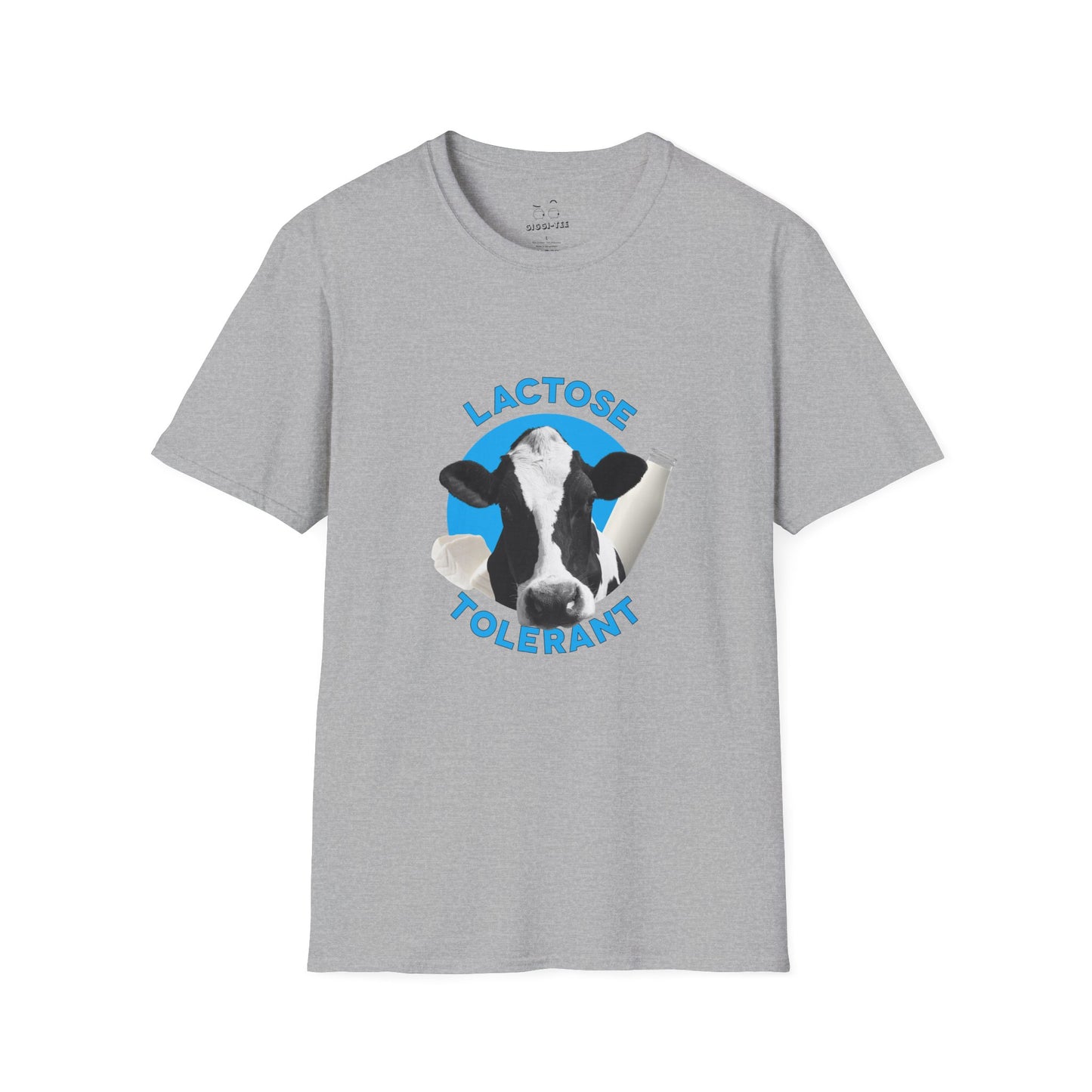 Lactose Tolerant t-shirt featuring cow illustration with milk bottle and cheese, funny dairy lover shirt for men and women.