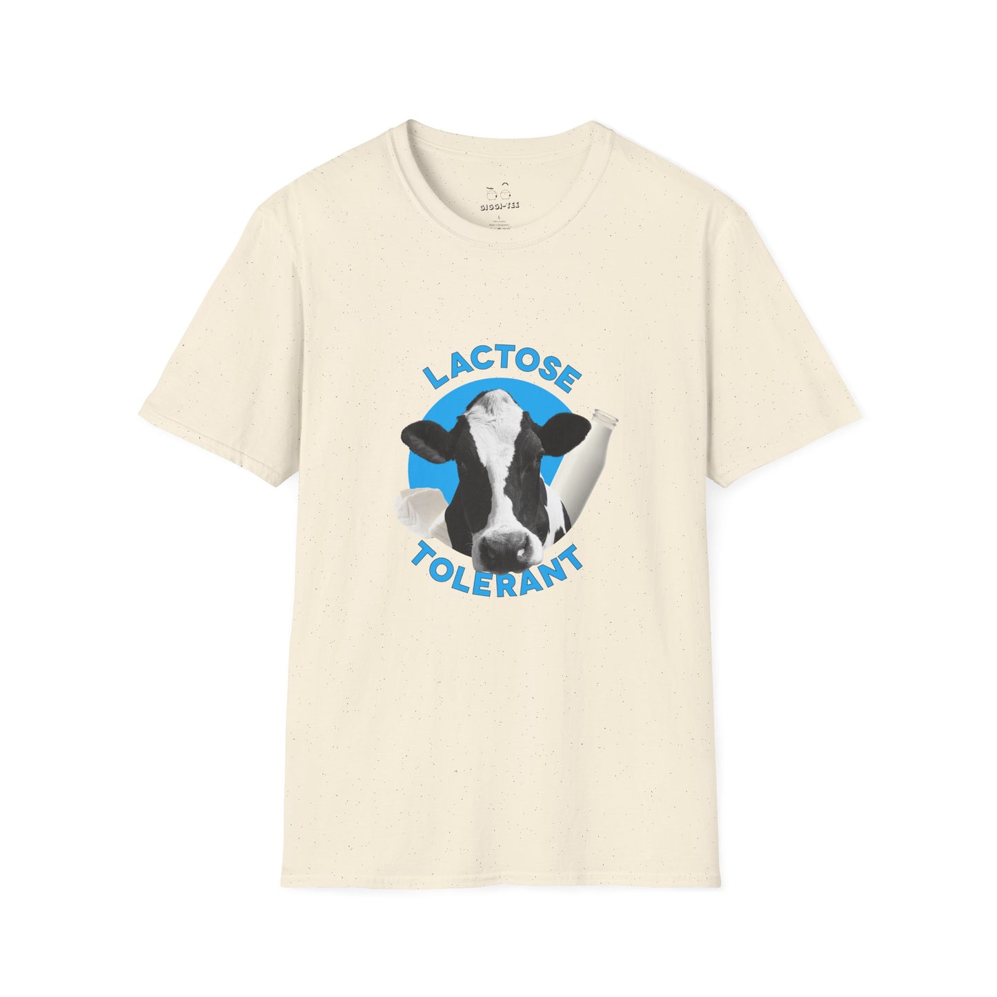 Lactose Tolerant t-shirt featuring cow illustration with milk bottle and cheese, funny dairy lover shirt for men and women.