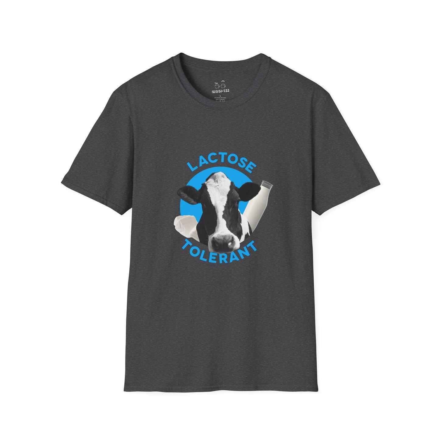 Lactose Tolerant t-shirt featuring cow illustration with milk bottle and cheese, funny dairy lover shirt for men and women.