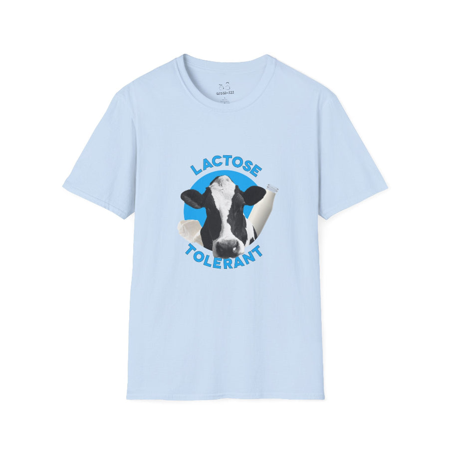 Lactose Tolerant t-shirt featuring cow illustration with milk bottle and cheese, funny dairy lover shirt for men and women.