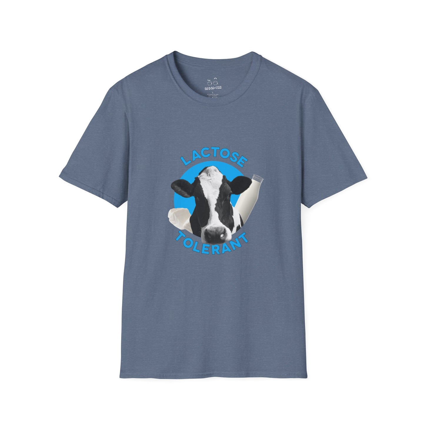 Lactose Tolerant t-shirt featuring cow illustration with milk bottle and cheese, funny dairy lover shirt for men and women.