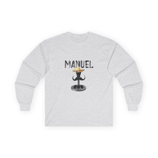 Manuel parody long sleeve shirt featuring a manual transmission wearing a sombrero with a large Mexican mustache, cartoon-style automotive humor