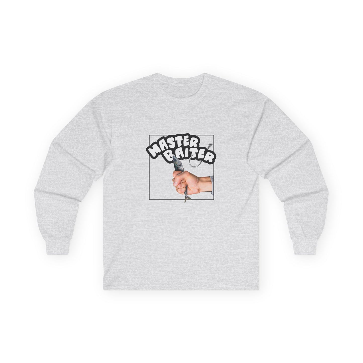 Funny pun design showing a hand holding a fish suggestively, with the phrase “Master Baiter” for humorous effect on a t-shirt.