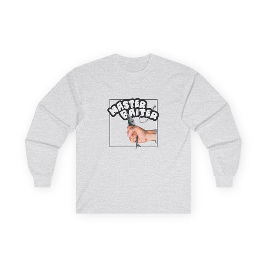 Funny pun design showing a hand holding a fish suggestively, with the phrase “Master Baiter” for humorous effect on a t-shirt.