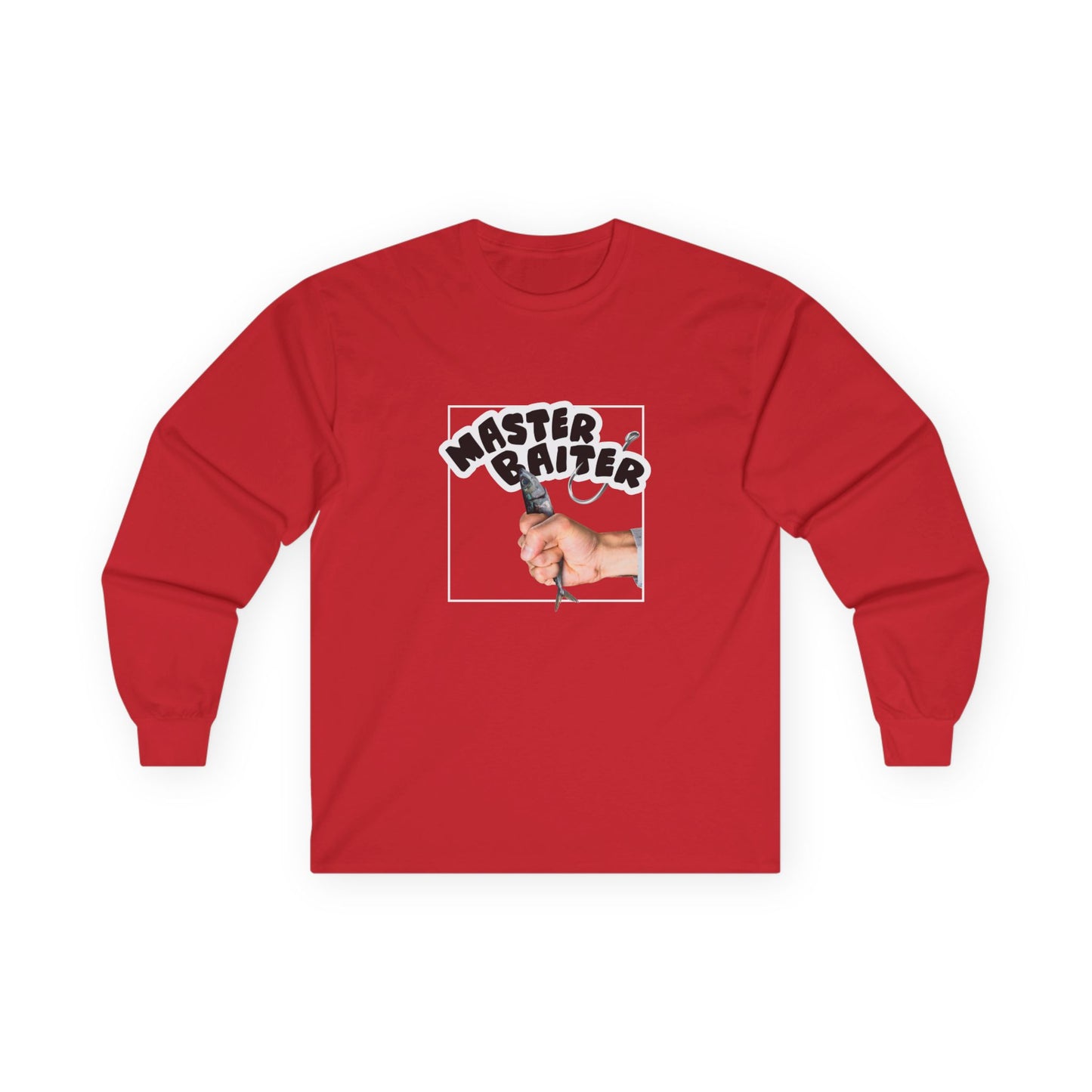 Funny pun design showing a hand holding a fish suggestively, with the phrase “Master Baiter” for humorous effect on a t-shirt.