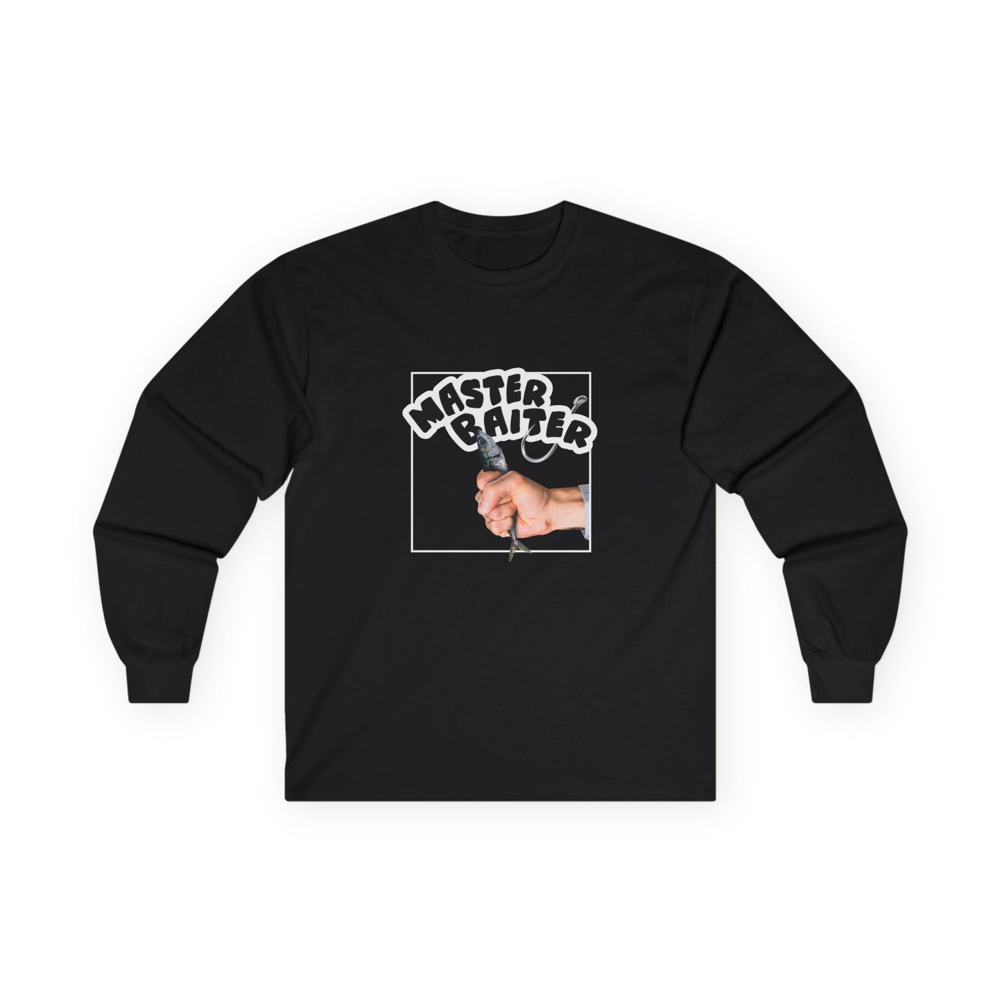 Funny pun design showing a hand holding a fish suggestively, with the phrase “Master Baiter” for humorous effect on a t-shirt.