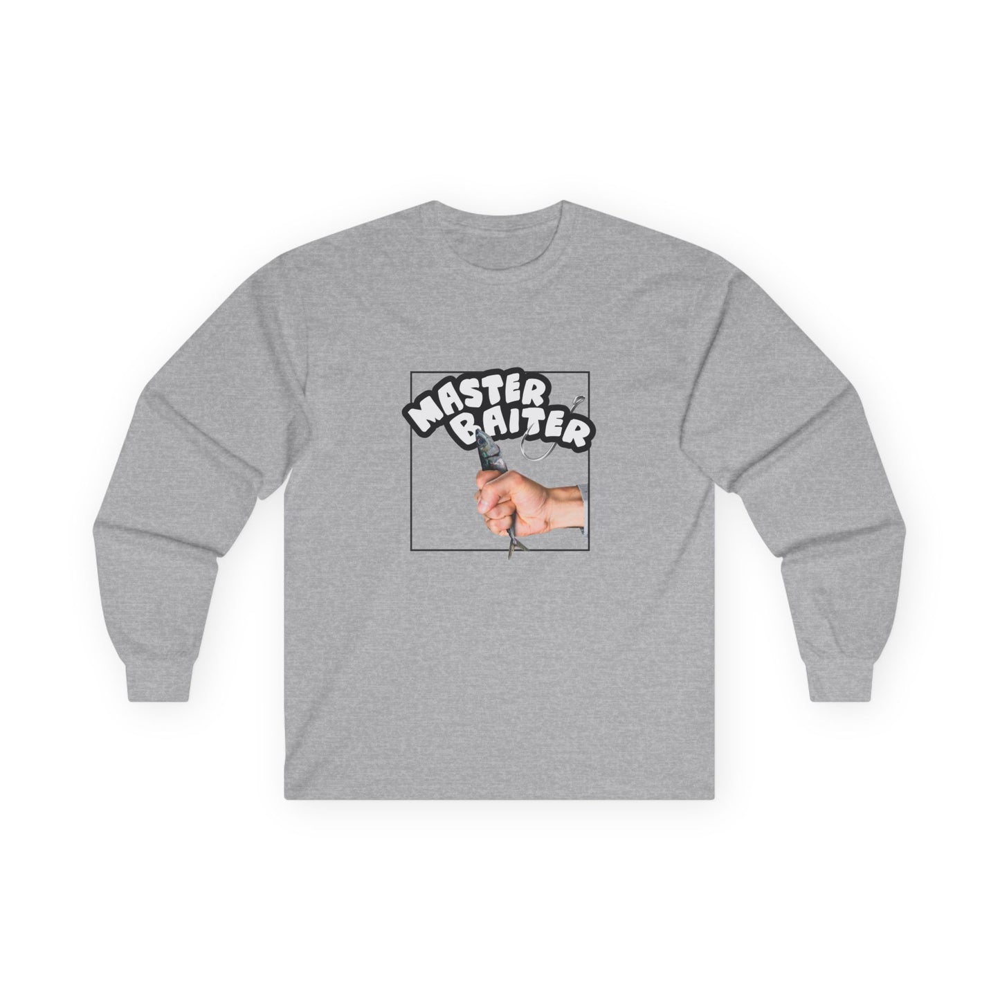 Funny pun design showing a hand holding a fish suggestively, with the phrase “Master Baiter” for humorous effect on a t-shirt.