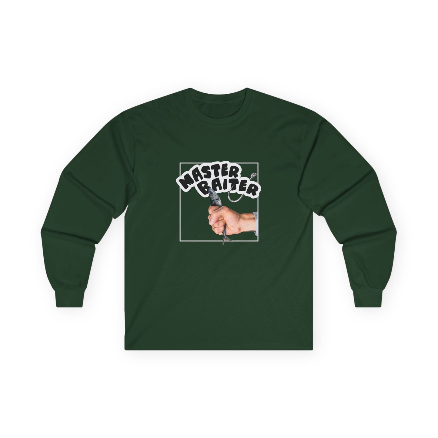 Funny pun design showing a hand holding a fish suggestively, with the phrase “Master Baiter” for humorous effect on a t-shirt.