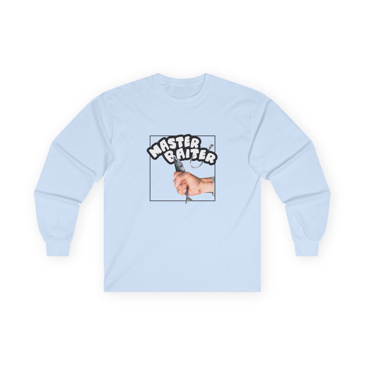 Funny pun design showing a hand holding a fish suggestively, with the phrase “Master Baiter” for humorous effect on a t-shirt.