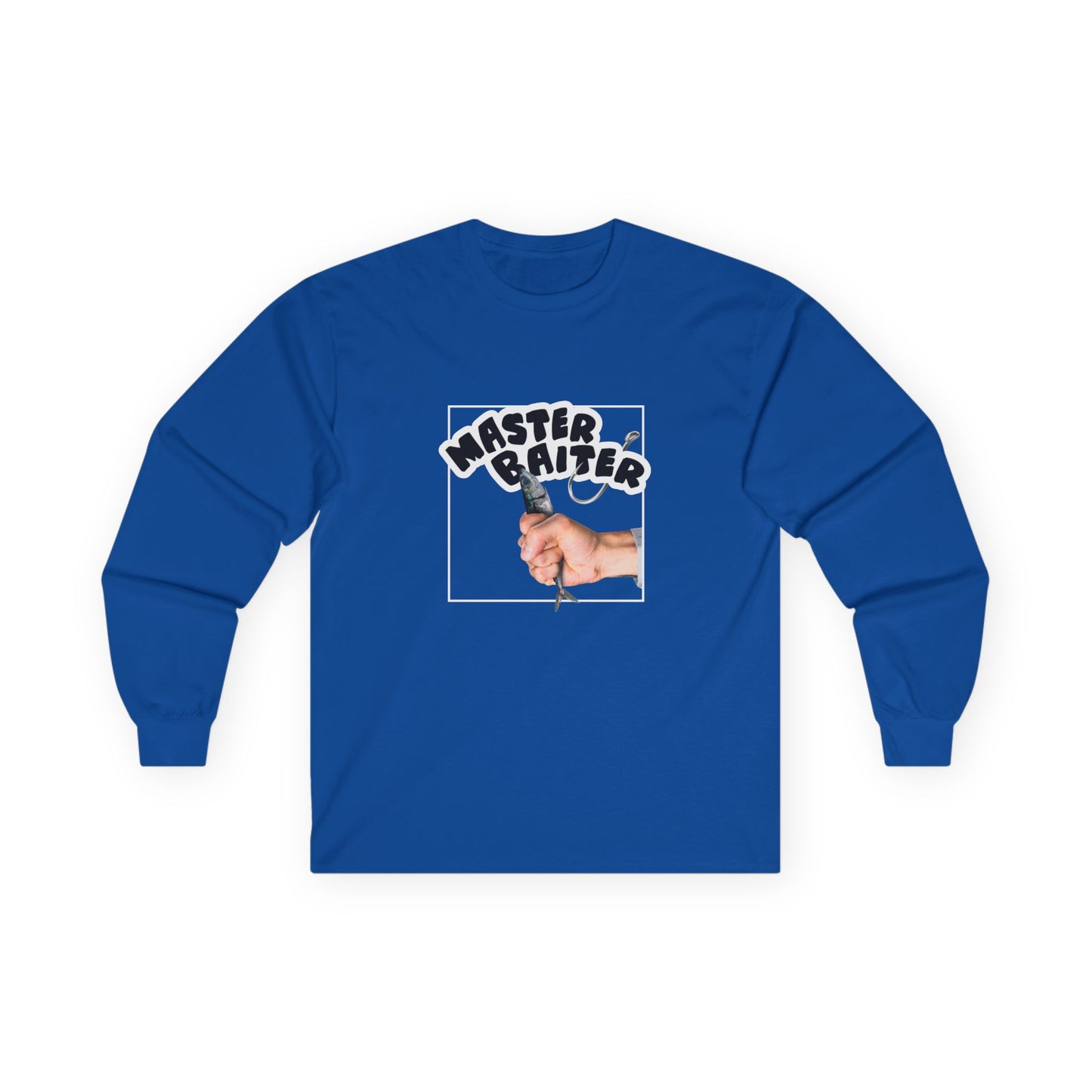 Funny pun design showing a hand holding a fish suggestively, with the phrase “Master Baiter” for humorous effect on a t-shirt.