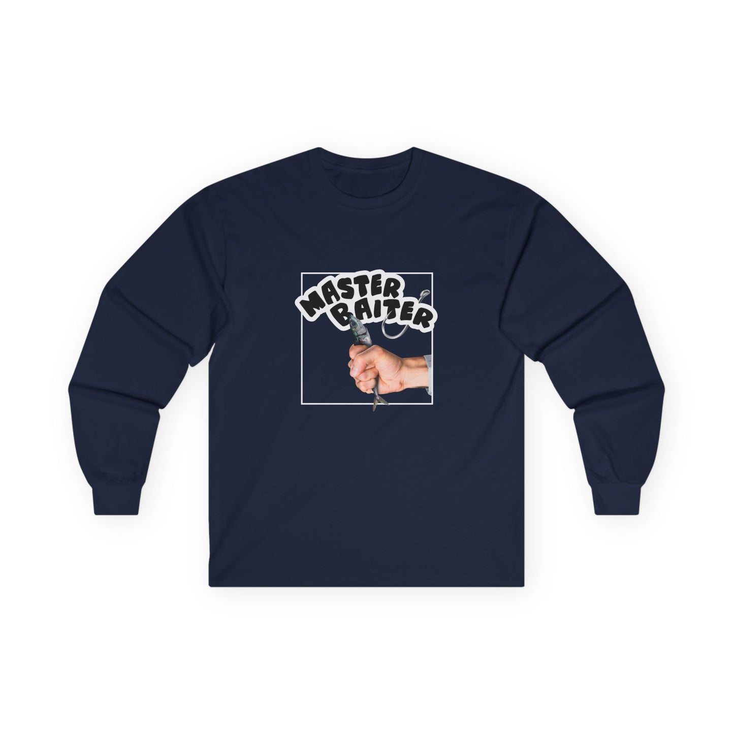 Funny pun design showing a hand holding a fish suggestively, with the phrase “Master Baiter” for humorous effect on a t-shirt.
