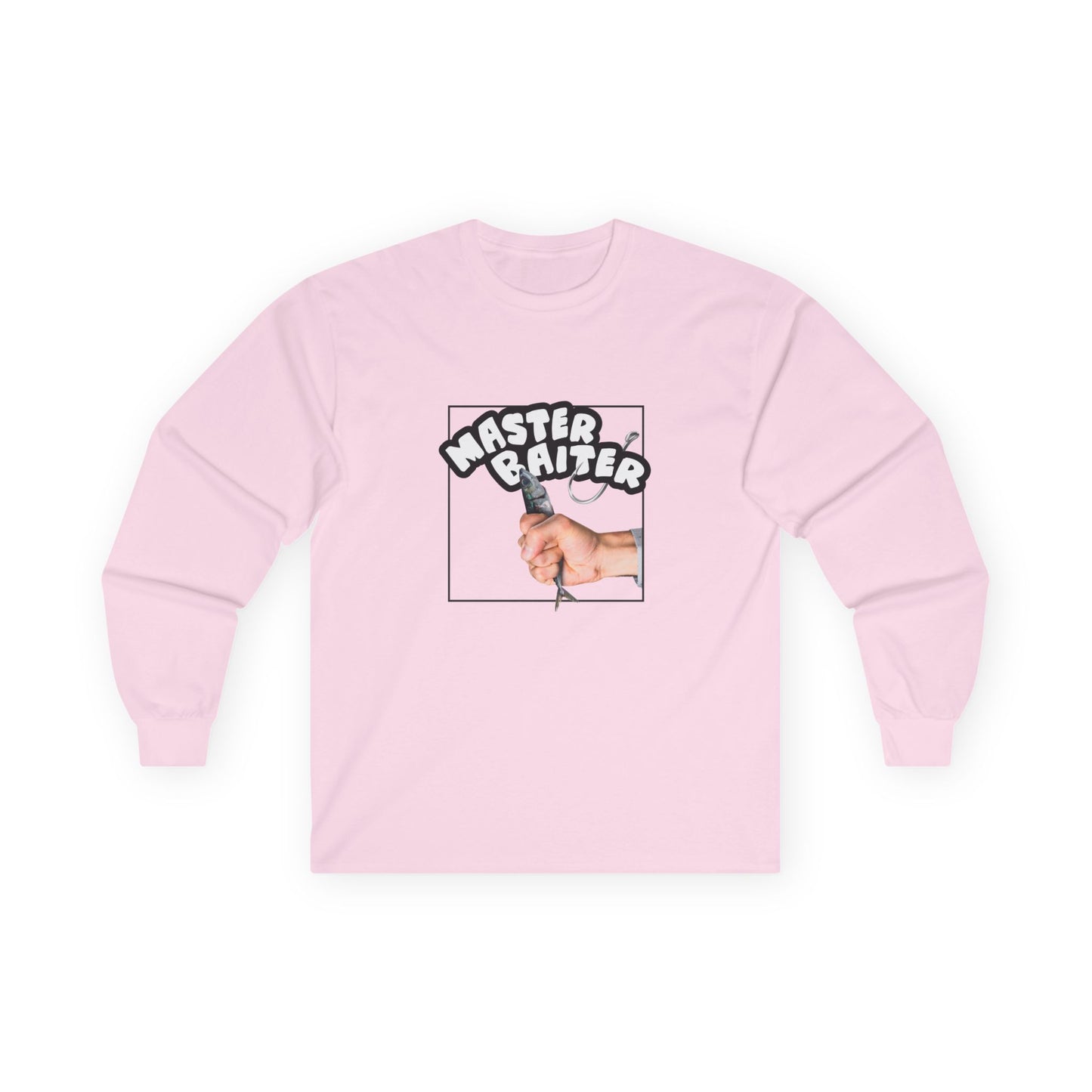 Funny pun design showing a hand holding a fish suggestively, with the phrase “Master Baiter” for humorous effect on a t-shirt.