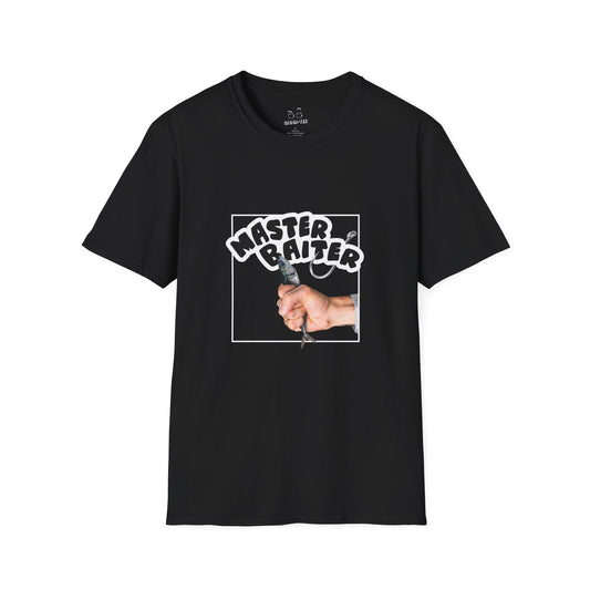 Funny pun design showing a hand holding a fish suggestively, with the phrase “Master Baiter” for humorous effect on a t-shirt.