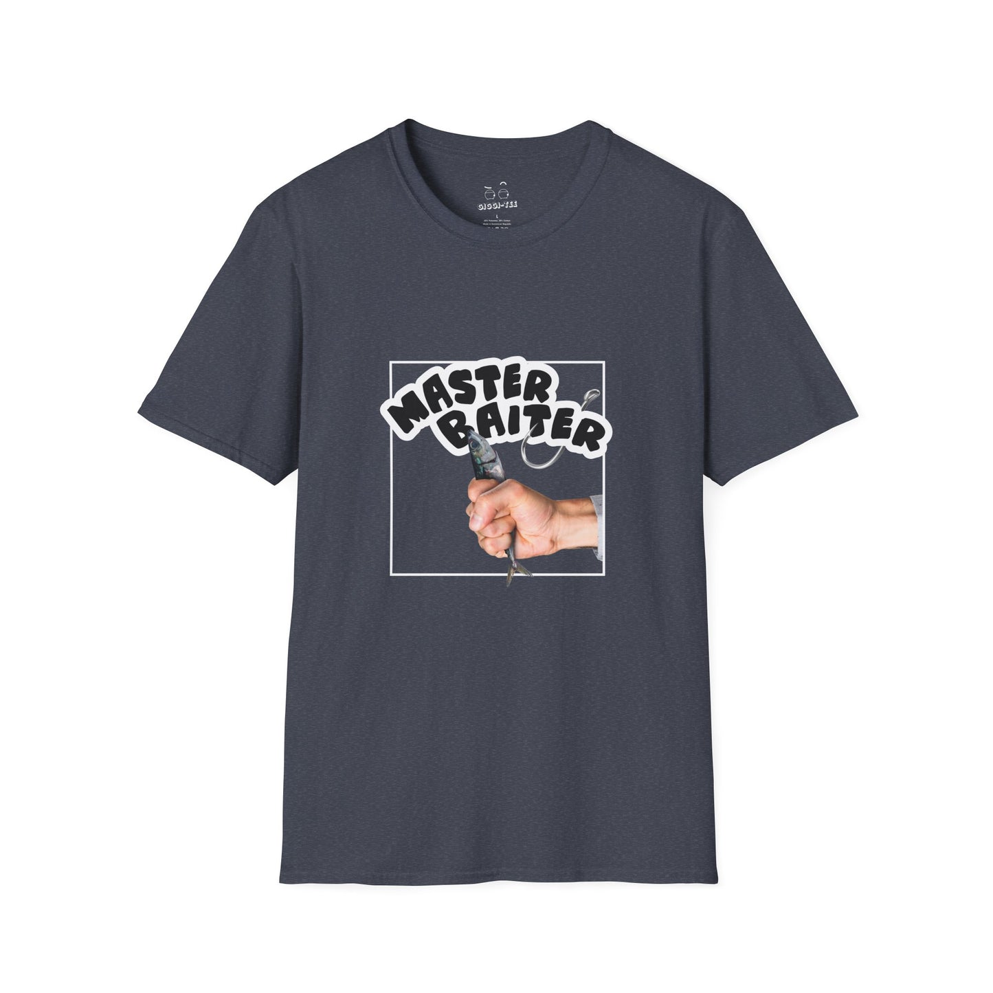 Funny pun design showing a hand holding a fish suggestively, with the phrase “Master Baiter” for humorous effect on a t-shirt.