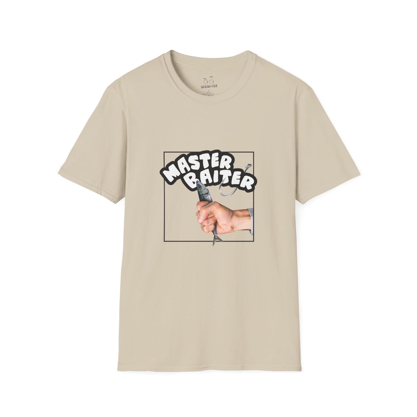 Funny pun design showing a hand holding a fish suggestively, with the phrase “Master Baiter” for humorous effect on a t-shirt.