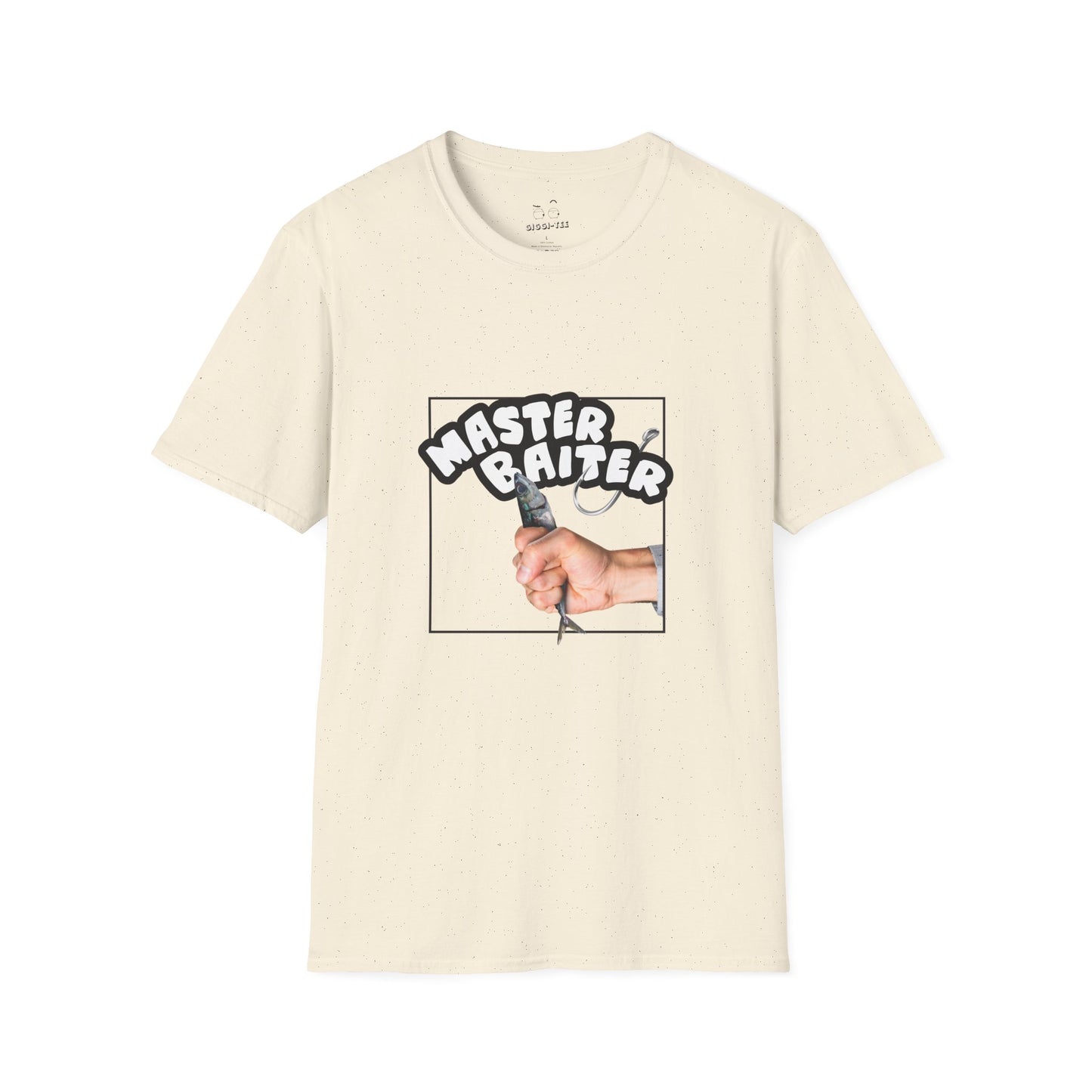 Funny pun design showing a hand holding a fish suggestively, with the phrase “Master Baiter” for humorous effect on a t-shirt.
