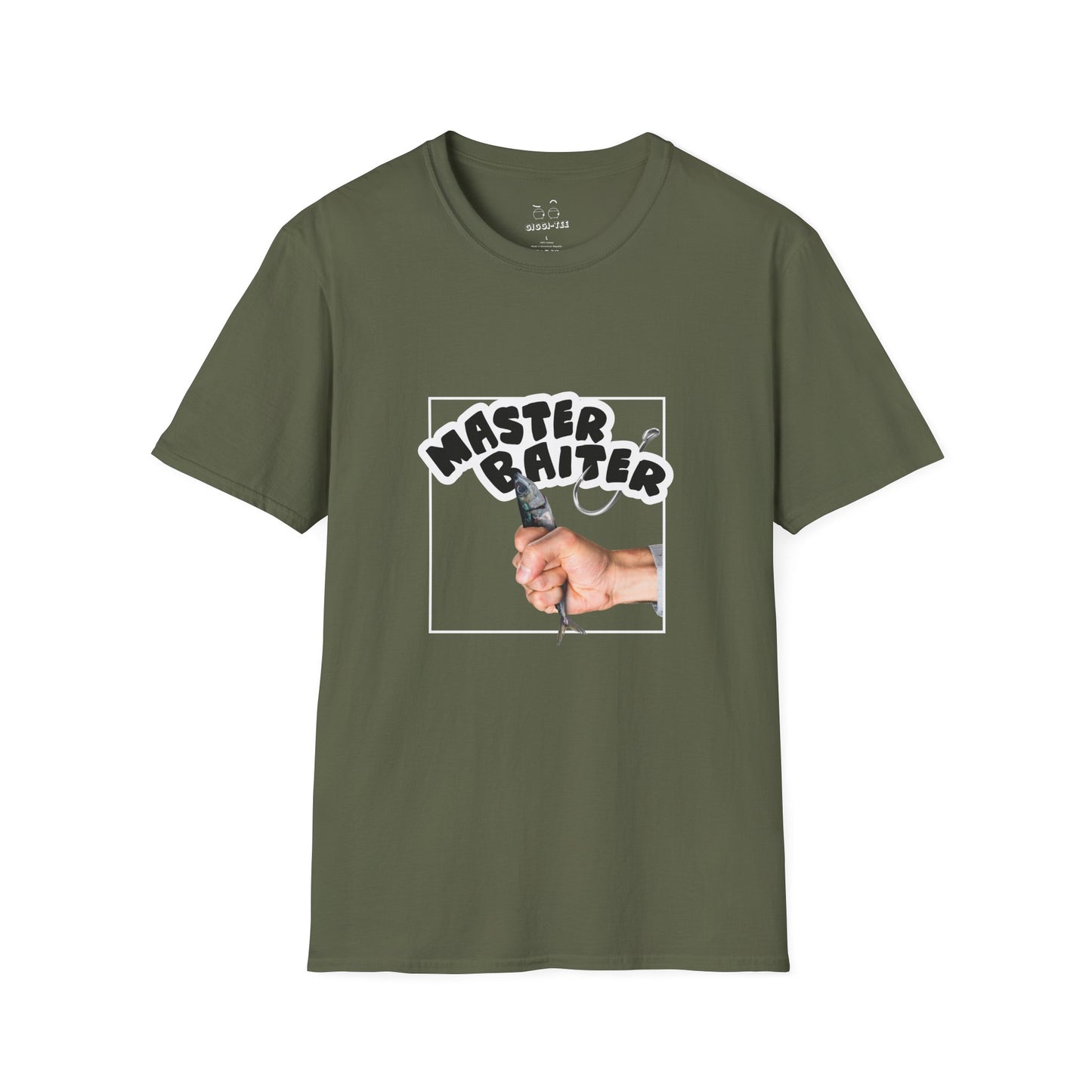 Funny pun design showing a hand holding a fish suggestively, with the phrase “Master Baiter” for humorous effect on a t-shirt.