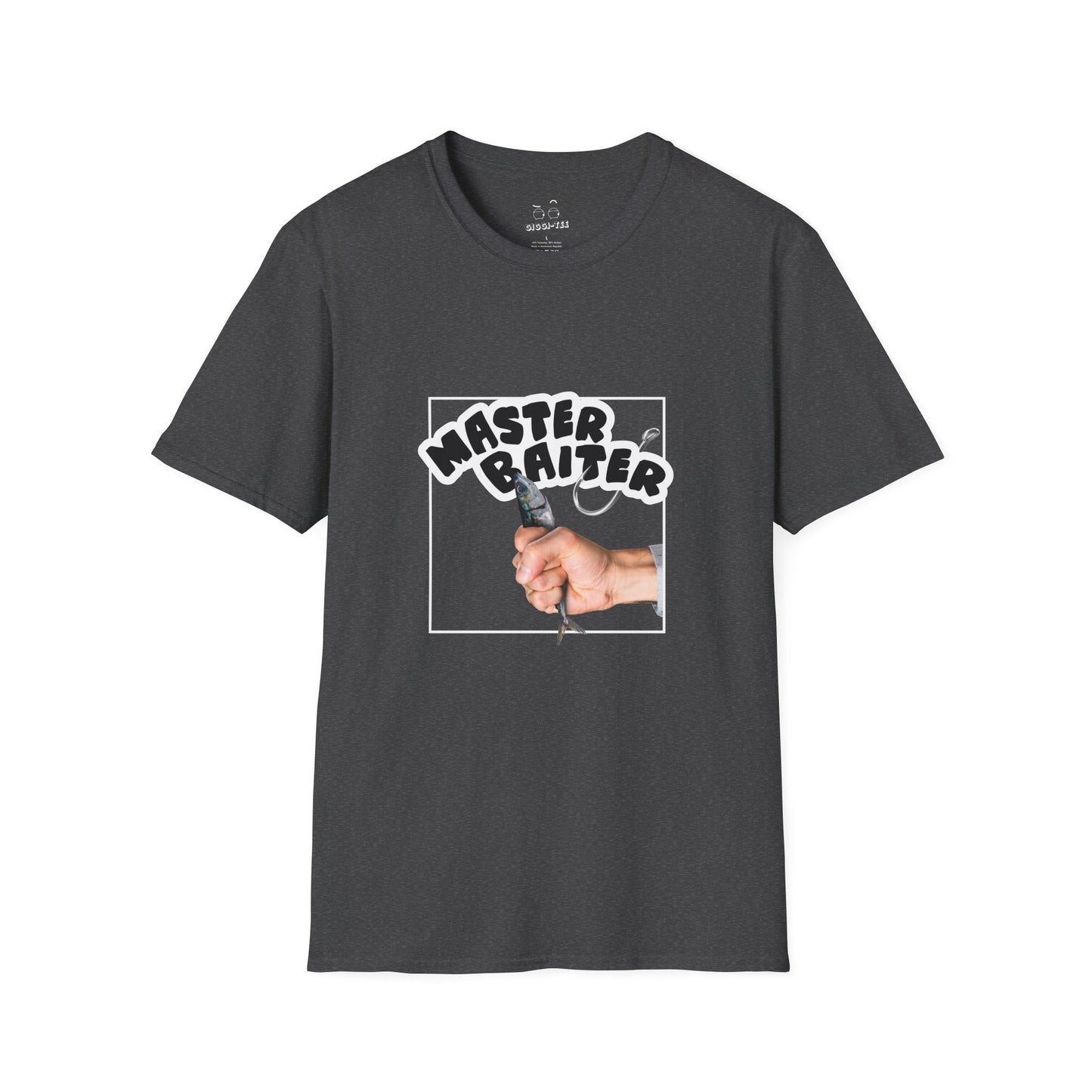 Funny pun design showing a hand holding a fish suggestively, with the phrase “Master Baiter” for humorous effect on a t-shirt.