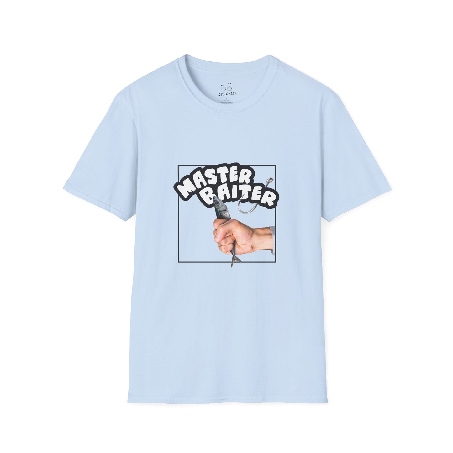 Funny pun design showing a hand holding a fish suggestively, with the phrase “Master Baiter” for humorous effect on a t-shirt.