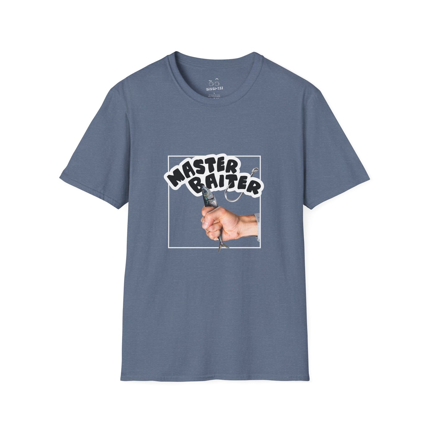 Funny pun design showing a hand holding a fish suggestively, with the phrase “Master Baiter” for humorous effect on a t-shirt.