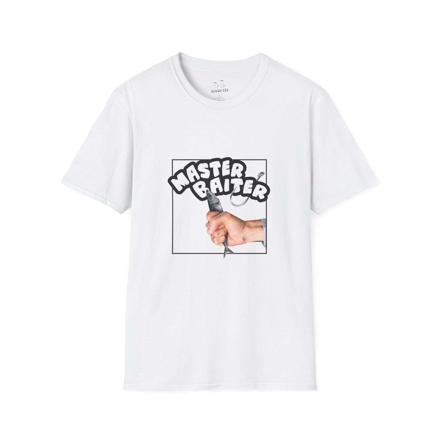 Funny pun design showing a hand holding a fish suggestively, with the phrase “Master Baiter” for humorous effect on a t-shirt.