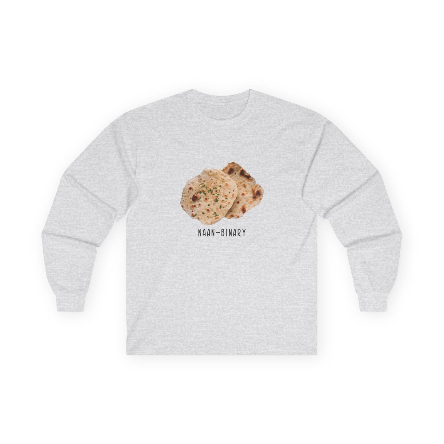 T-shirt with Naan Binary design featuring two pieces of naan bread as a pun on non-binary.