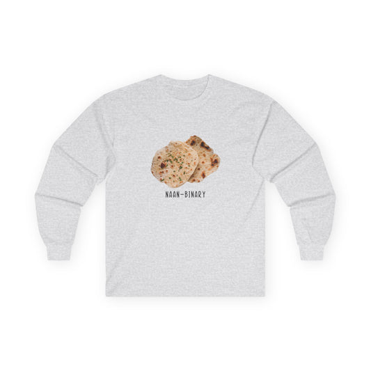 T-shirt with Naan Binary design featuring two pieces of naan bread as a pun on non-binary.