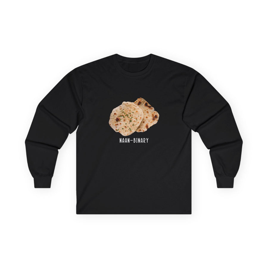 T-shirt with Naan Binary design featuring two pieces of naan bread as a pun on non-binary.