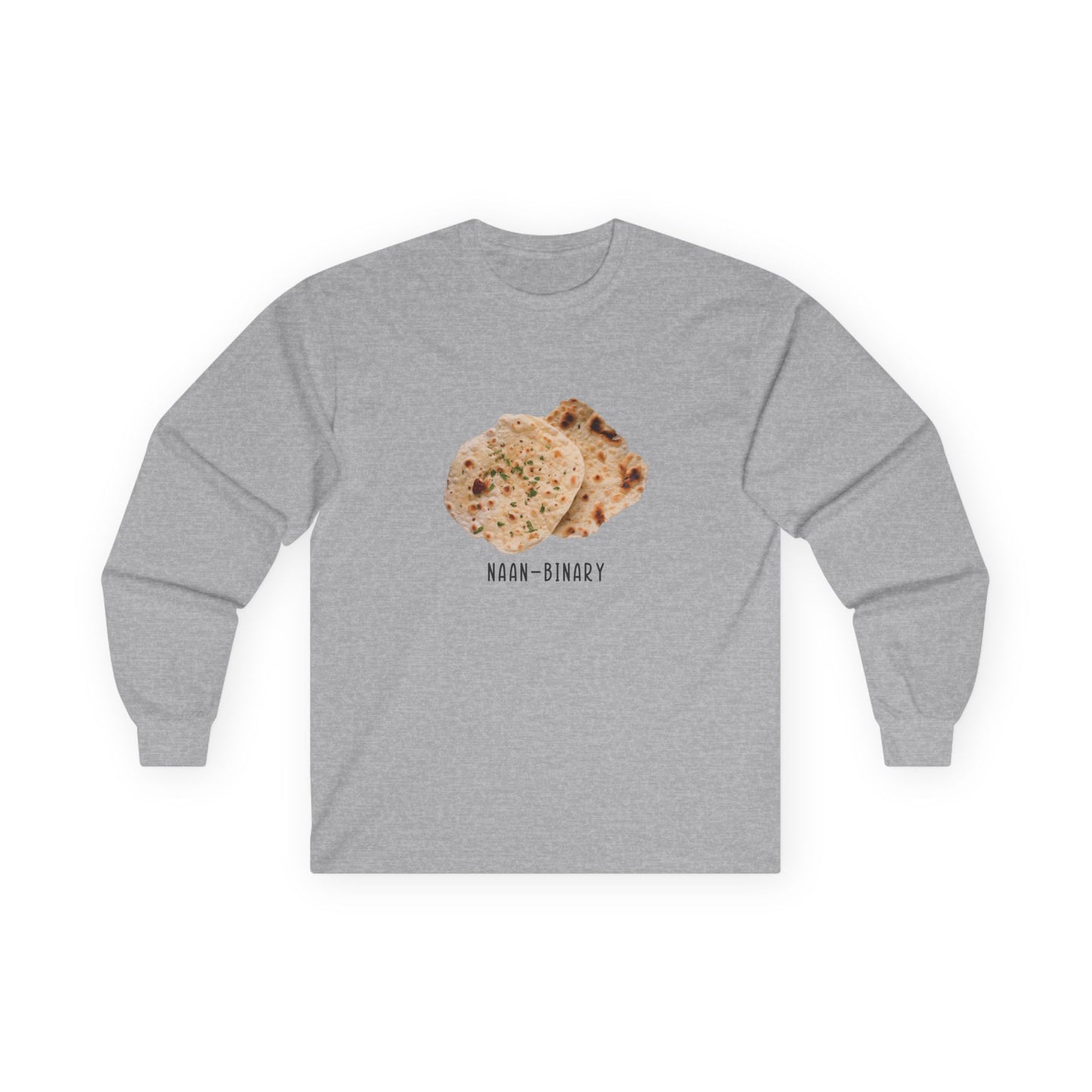 T-shirt with Naan Binary design featuring two pieces of naan bread as a pun on non-binary.
