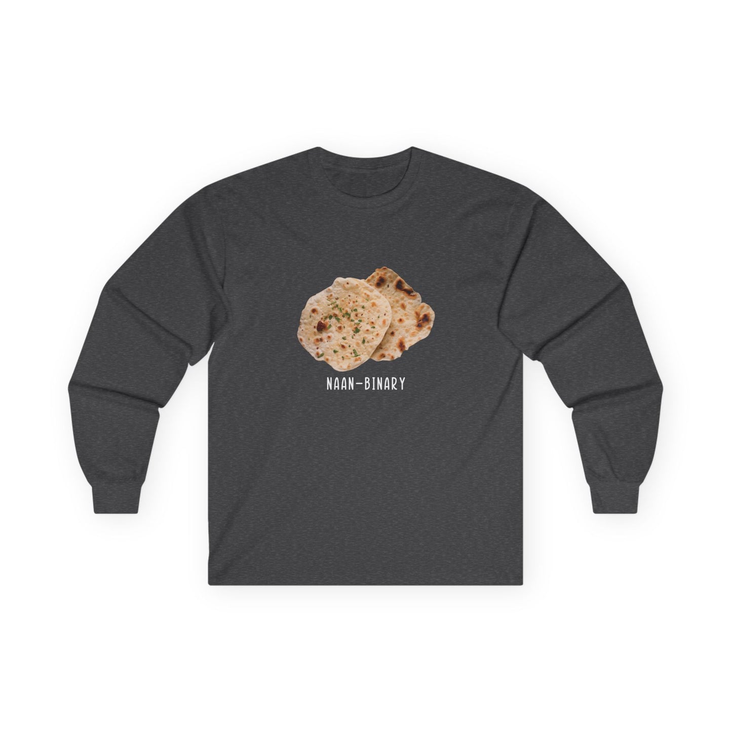 T-shirt with Naan Binary design featuring two pieces of naan bread as a pun on non-binary.