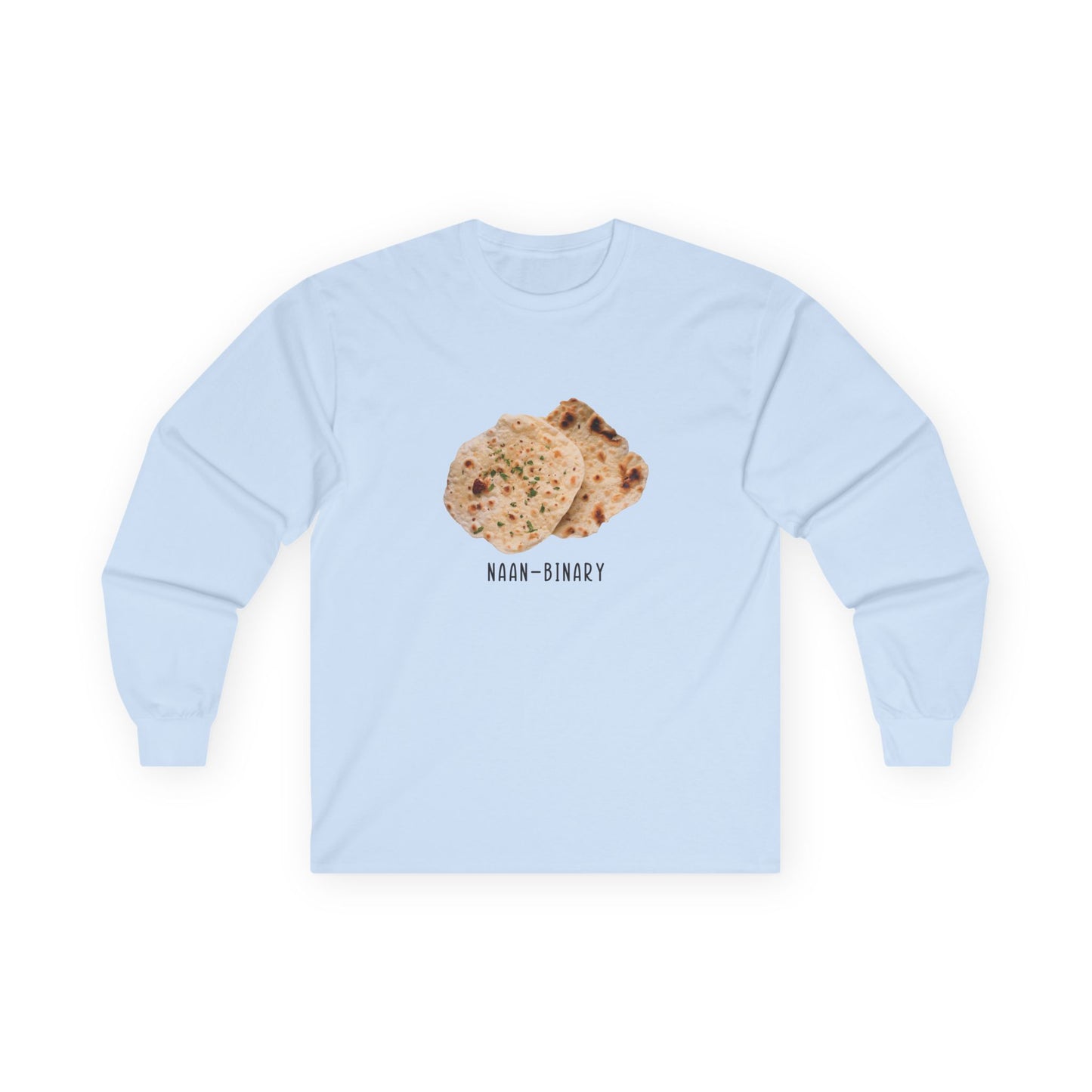 T-shirt with Naan Binary design featuring two pieces of naan bread as a pun on non-binary.