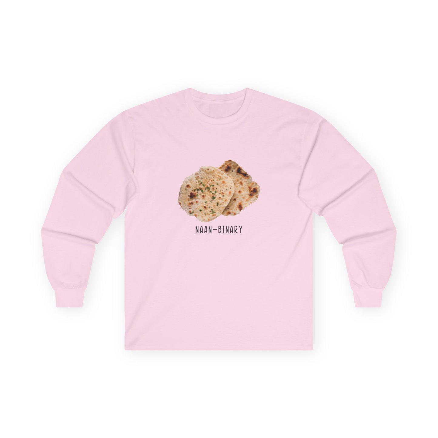 T-shirt with Naan Binary design featuring two pieces of naan bread as a pun on non-binary.
