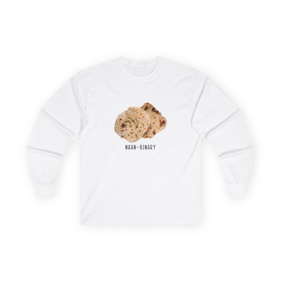 T-shirt with Naan Binary design featuring two pieces of naan bread as a pun on non-binary.