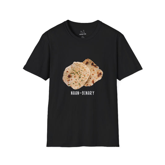 T-shirt with Naan Binary design featuring two pieces of naan bread as a pun on non-binary.