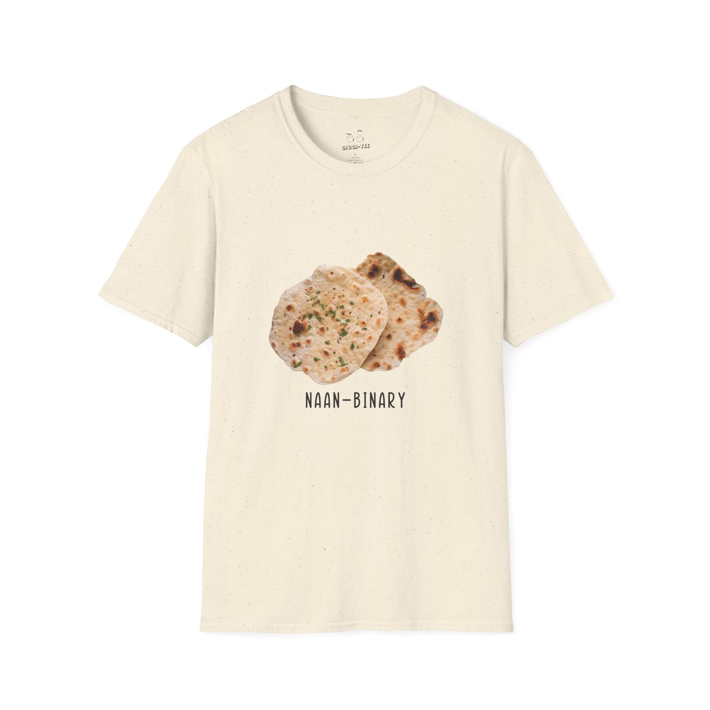 T-shirt with Naan Binary design featuring two pieces of naan bread as a pun on non-binary.
