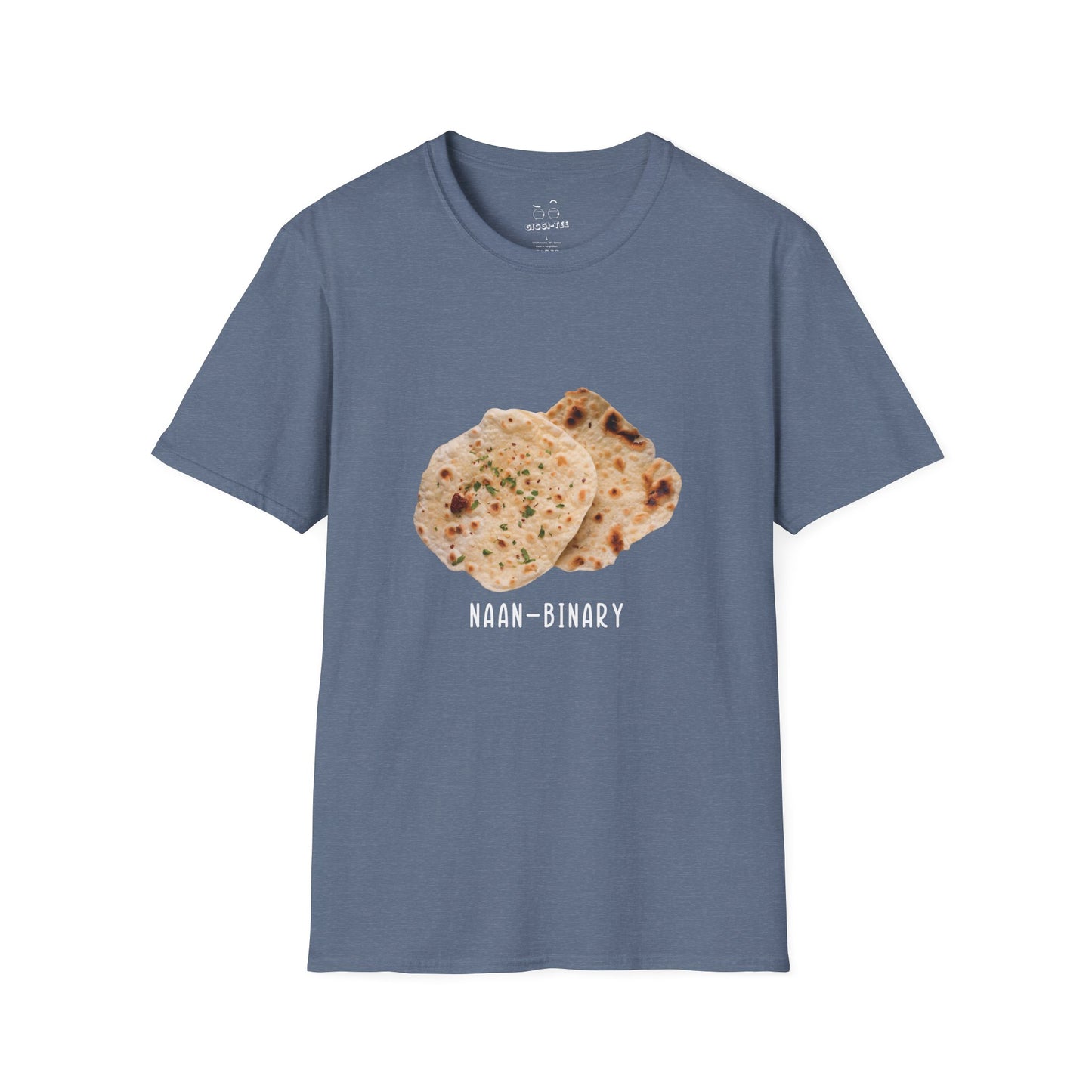 T-shirt with Naan Binary design featuring two pieces of naan bread as a pun on non-binary.