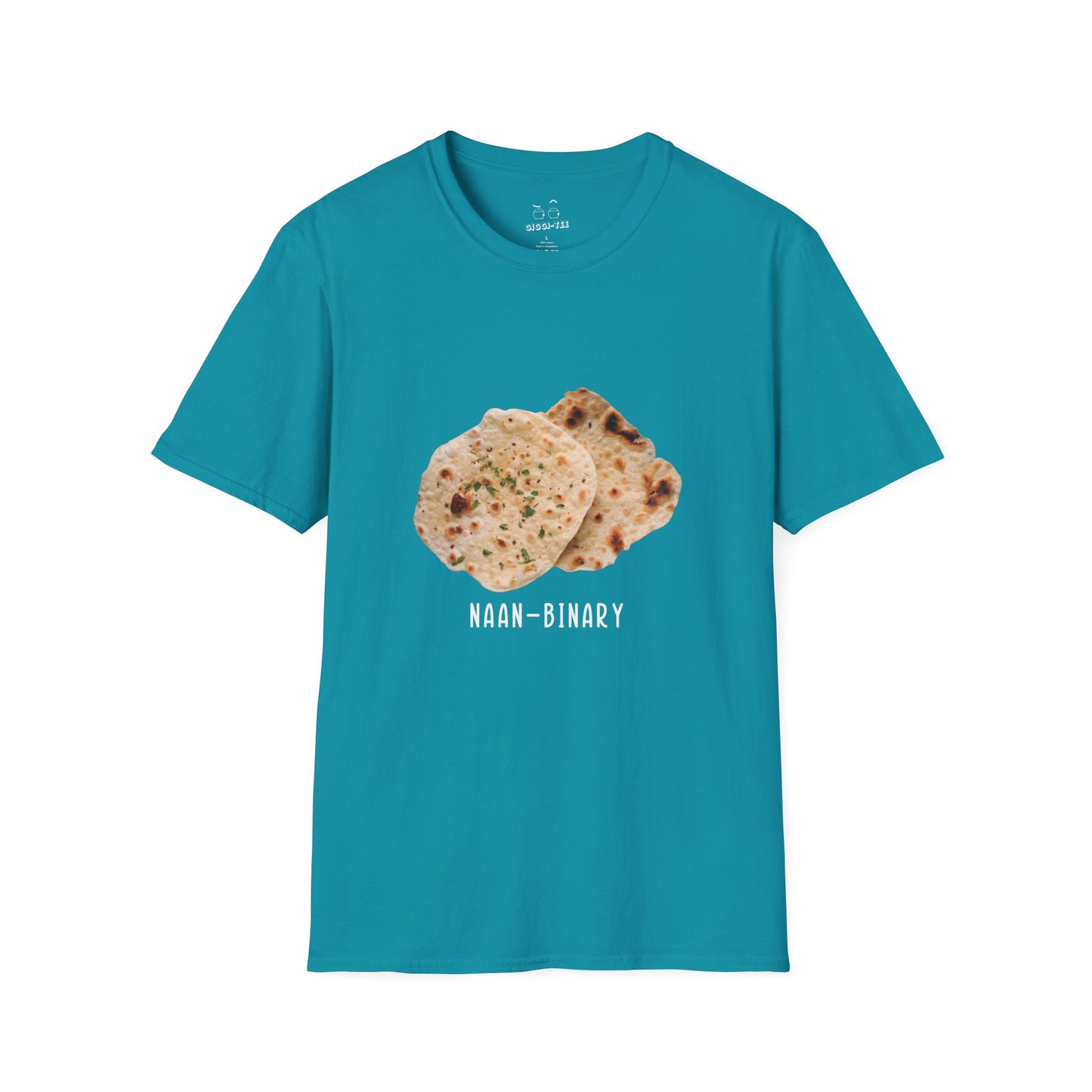 T-shirt with Naan Binary design featuring two pieces of naan bread as a pun on non-binary.