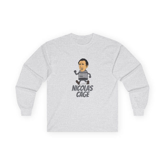 Nicolas Cage parody design featuring Nicolas Cage’s head on a metallic cage body, humorous pop culture mashup